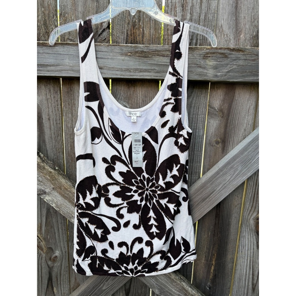 Cache Womens Floral Beaded Tank Top Brown White Scoop Neck Rayon Knit Large
